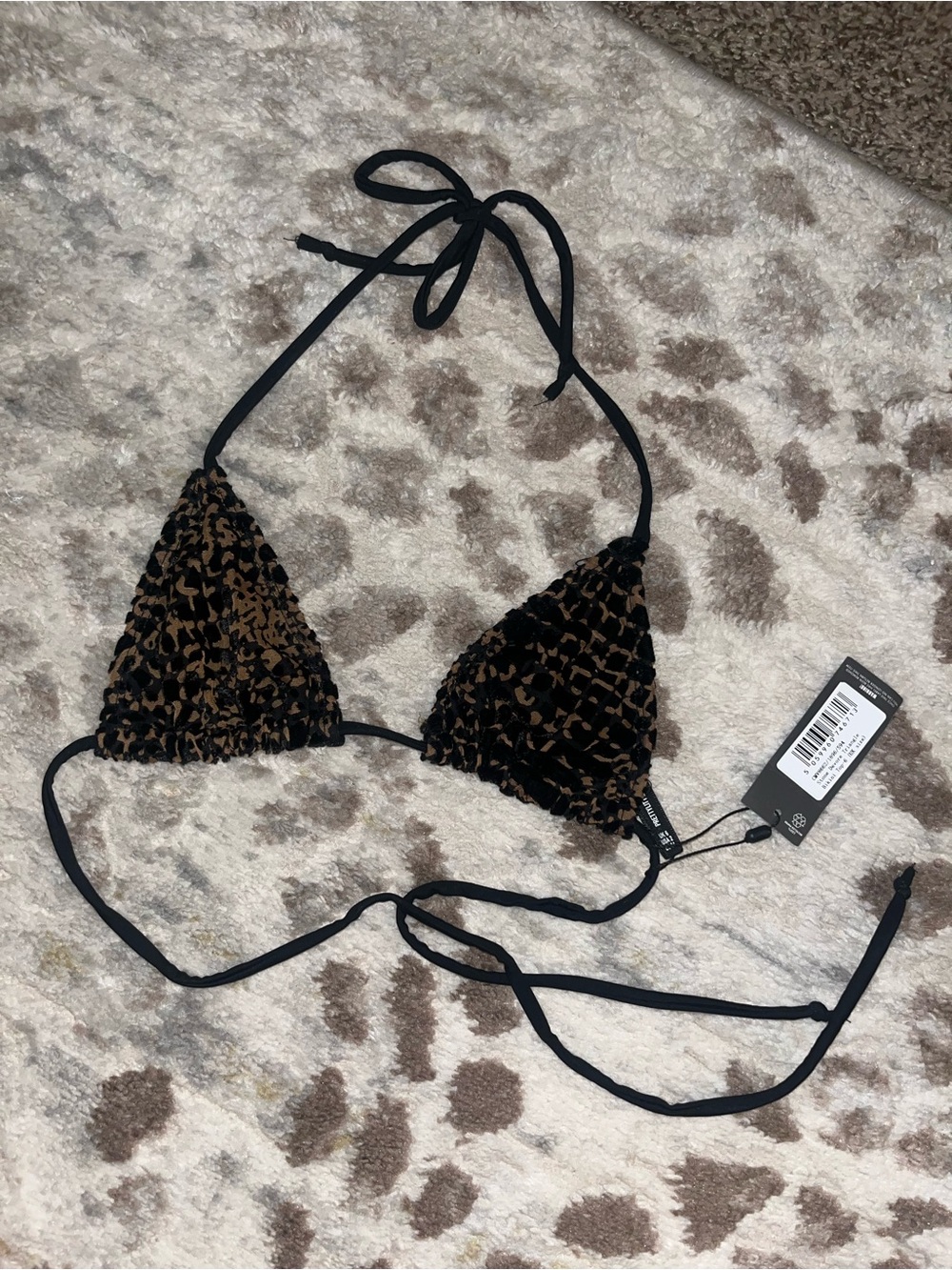 triangl swimwear Brown Leopard Triangle Bikini Top with Black Ties